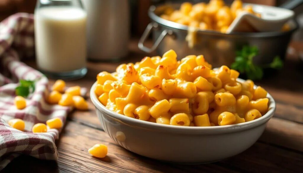  A bowl of baked mac and cheese with a golden, crispy top, served on a rustic wooden table with scattered pasta, a milk bottle, and a checkered cloth.