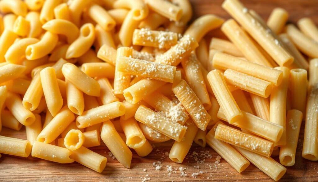 A close-up view of uncooked pasta, including penne and ziti, sprinkled with grated cheese on a wooden surface.