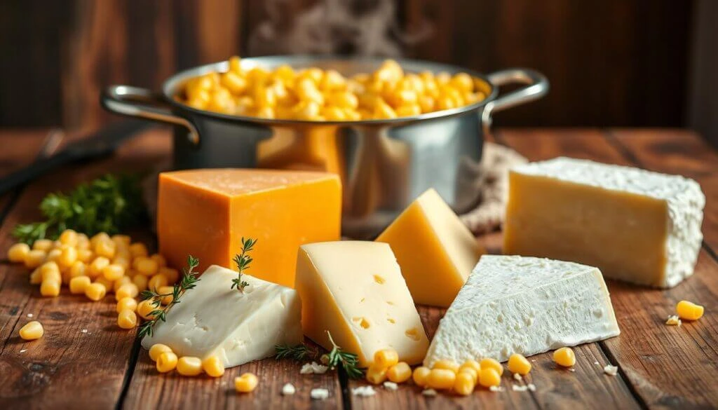 A rustic kitchen setting featuring a variety of cheeses, fresh corn kernels, and a steaming pot of cooked corn on a wooden table.