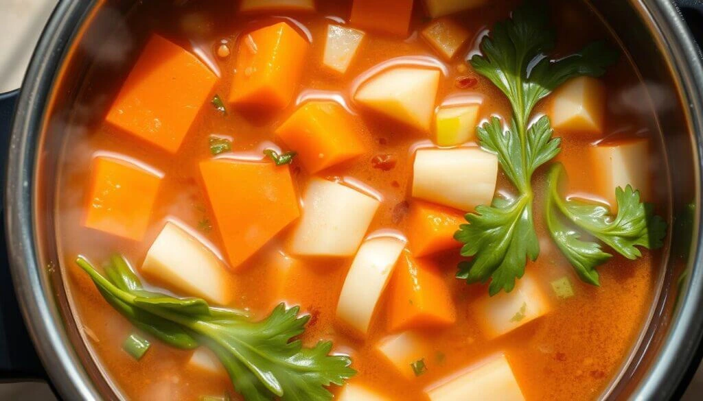 A steaming pot of vegetable soup with diced carrots, potatoes, and fresh parsley in a rich, orange-colored broth.