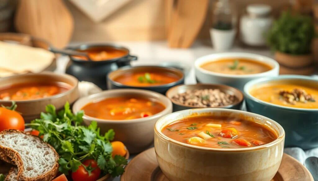 A variety of hearty soups served in rustic bowls, accompanied by fresh herbs, tomatoes, and crusty bread.