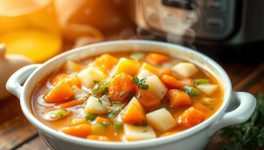 A steaming bowl of homemade vegetable soup with diced carrots, potatoes, and herbs, served in a white dish with a slow cooker in the background.