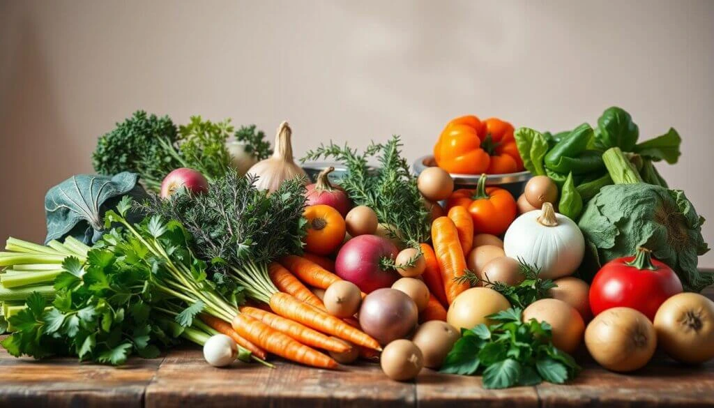 A colorful assortment of fresh vegetables and herbs, including carrots, onions, tomatoes, peppers, and leafy greens, arranged on a rustic wooden table.