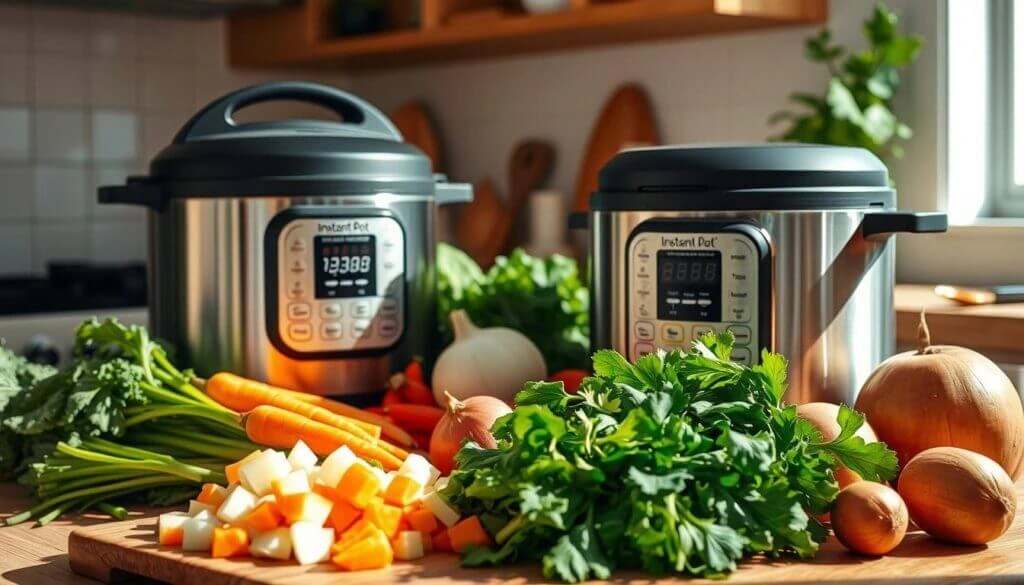 A kitchen scene featuring two Instant Pot pressure cookers surrounded by fresh vegetables, including carrots, onions, and parsley, with chopped ingredients on a wooden cutting board.