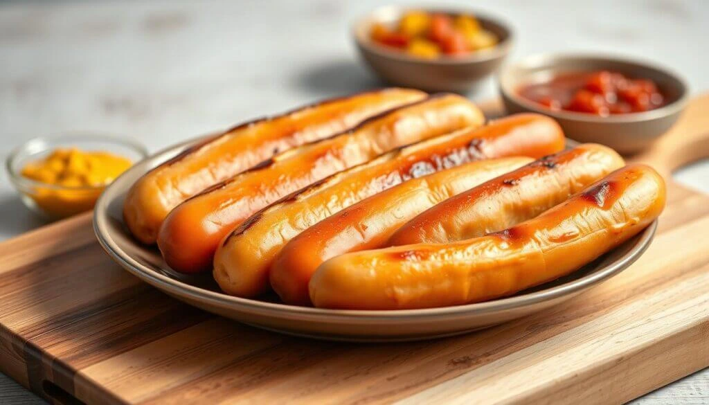 A plate of grilled hot dogs with a golden-brown sear, served with mustard, ketchup, and relish in small bowls.