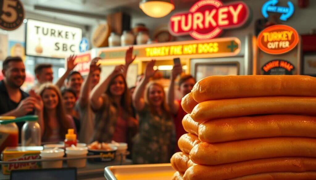 A stack of large turkey hot dogs in the foreground with a cheering crowd in a retro-style diner featuring bright "Turkey" signage.