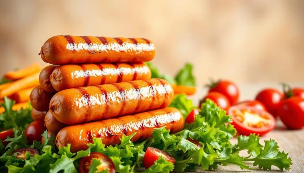 Grilled sausages stacked on fresh green lettuce with cherry tomatoes in the background.