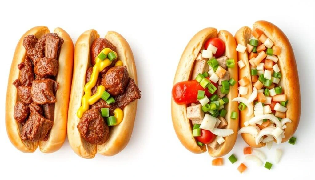 A set of four unique hot dogs with unconventional toppings, including grilled meat, meatballs with mustard, diced vegetables, and fresh onions.