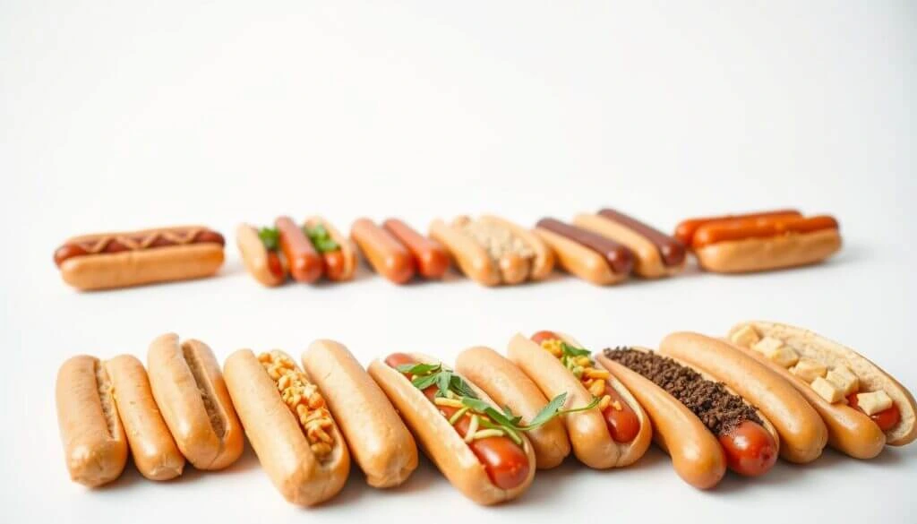 A variety of hot dogs arranged in a row, featuring different toppings and creative ingredients on a white background.