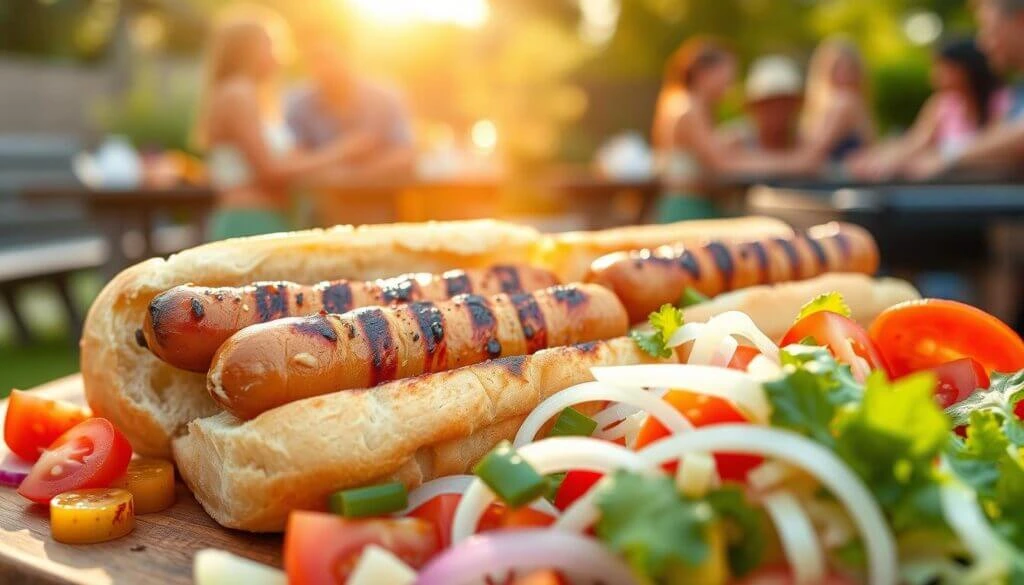 Grilled hot dogs in toasted buns with a fresh vegetable garnish, served at an outdoor summer gathering.