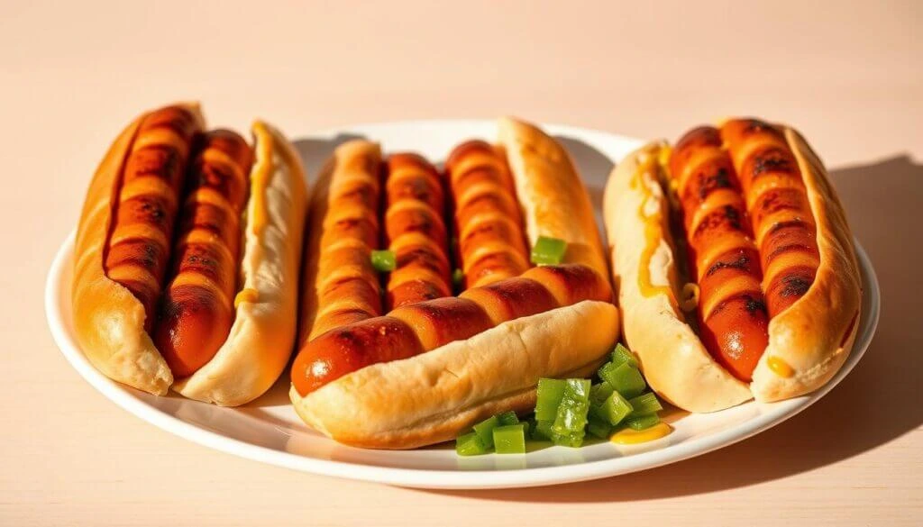 A plate of grilled hot dogs in buns, topped with mustard and served with diced green peppers.