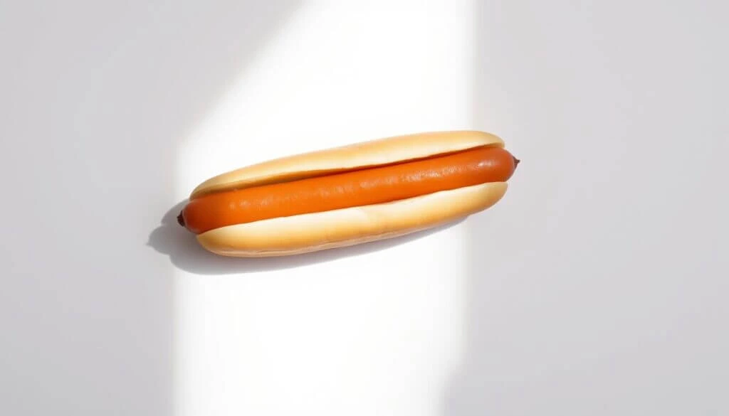 A single plain hot dog in a bun, placed on a minimalist white background with a beam of light.