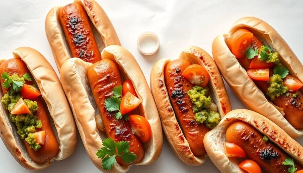 A close-up of grilled hot dogs in soft buns, topped with cherry tomatoes, green relish, and fresh cilantro.