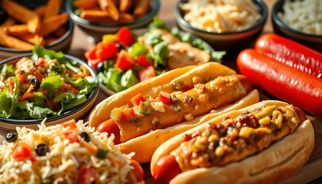 A vibrant spread of gourmet hot dogs topped with cheesy, spicy toppings, accompanied by fresh salads, fries, and other delicious sides.