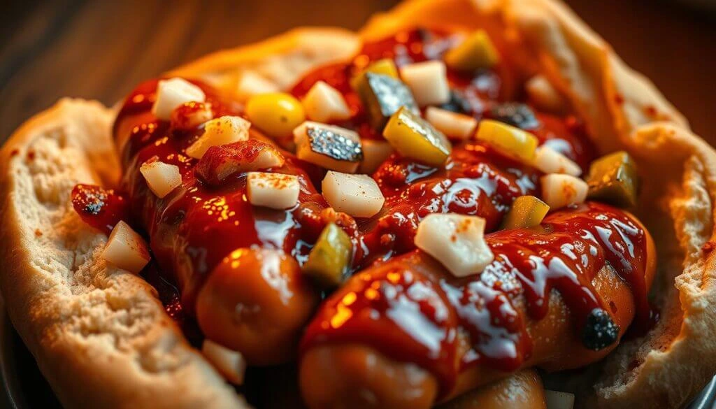 A close-up of a hot dog in a soft bun, topped with barbecue sauce, diced onions, pickles, and crispy bacon bits.