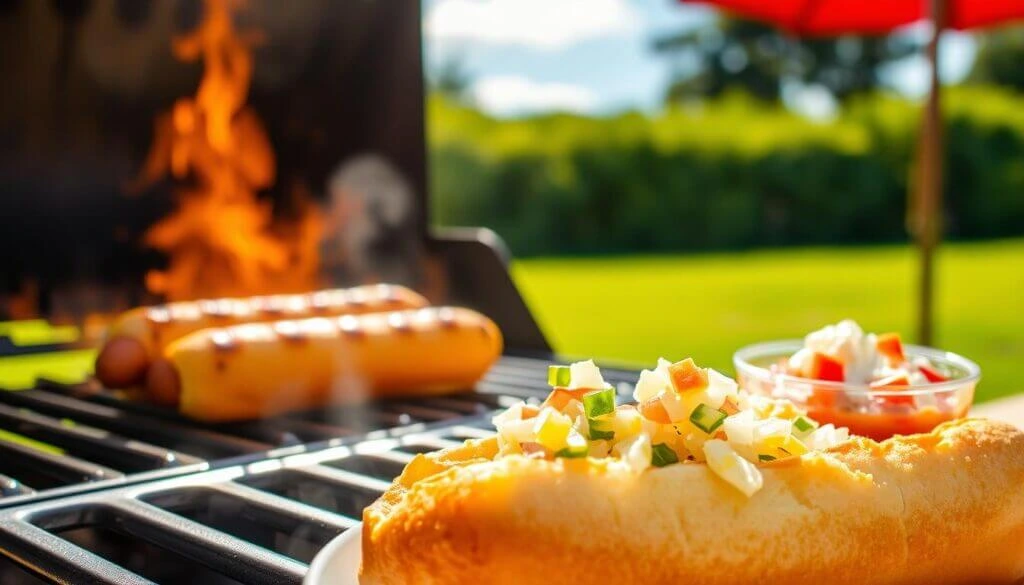 A grilled hot dog in a toasted bun topped with diced onions, pickles, and cheese, with a barbecue grill and flames in the background.