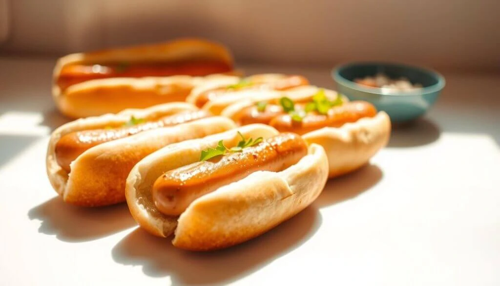 Freshly grilled hot dogs in soft buns, garnished with green herbs, served on a white surface with a bowl of condiments in the background.