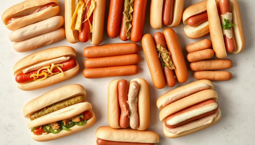 A variety of hot dogs with different toppings and styles, arranged on a white surface, featuring classic, gourmet, and creative combinations.