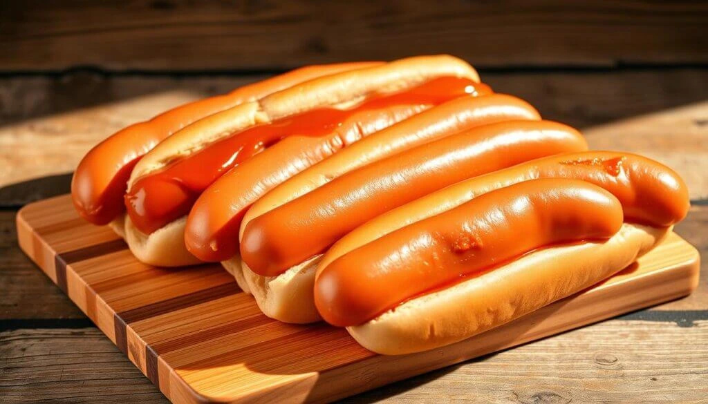 A row of plump hot dogs in soft buns, topped with ketchup, neatly arranged on a wooden cutting board with a rustic background.