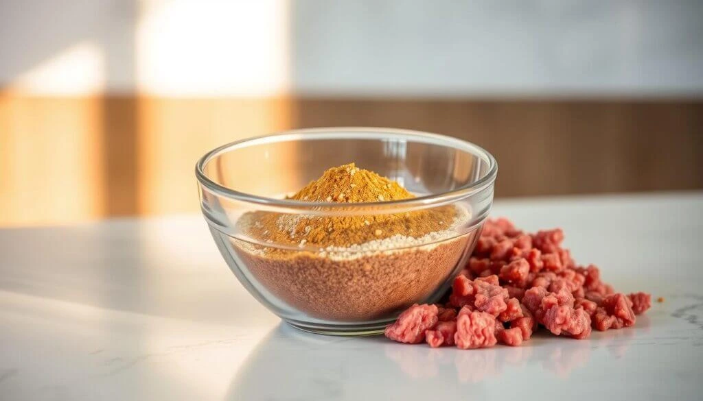 A glass bowl filled with various spices and grains, with a pile of raw minced meat beside it on a white countertop.