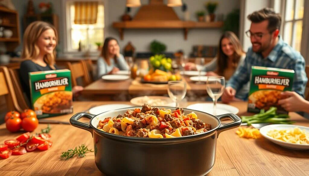 A family gathered around a dining table with a pot of Hamburger Helper pasta in the foreground.