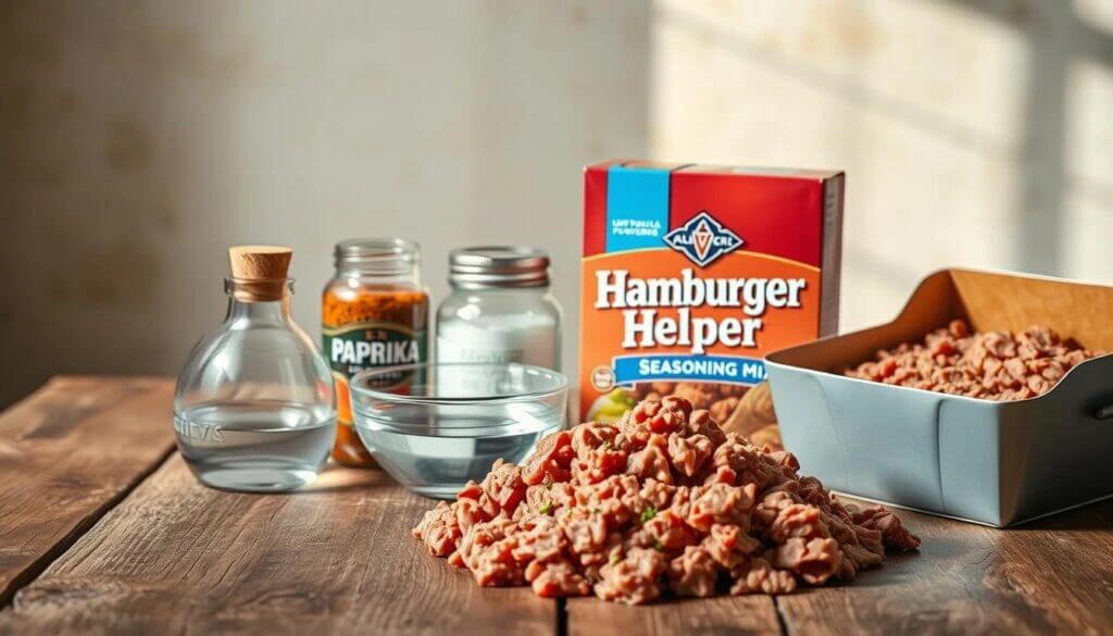 Ingredients for making Hamburger Helper, including ground meat, water, paprika, and seasoning mix, arranged on a wooden table.