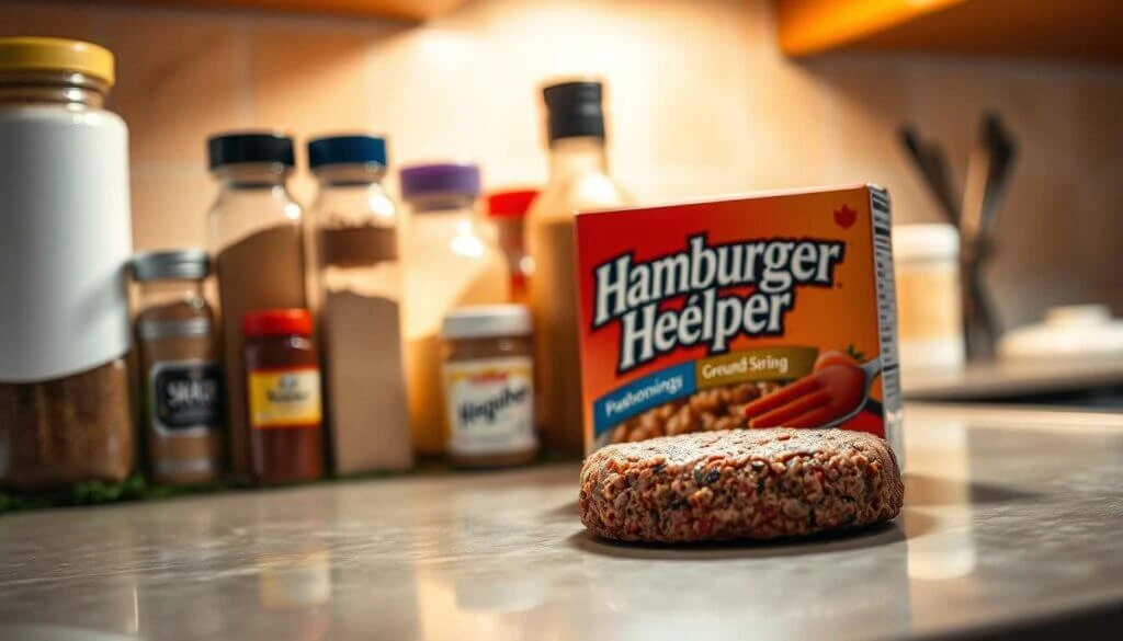 A box of Hamburger Helper and a raw hamburger patty on a kitchen counter with various spices and seasonings in the background.