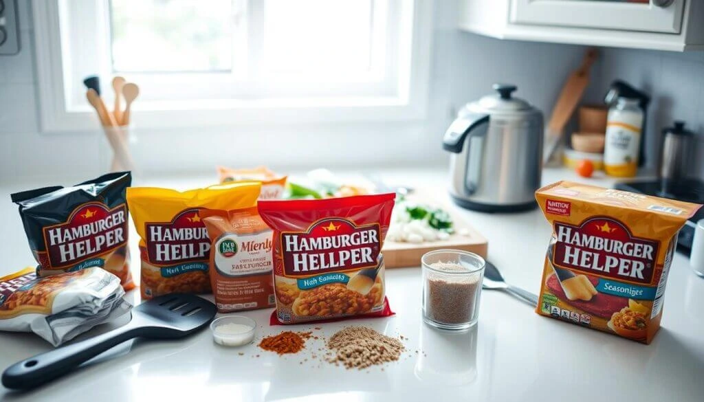 Various Hamburger Helper meal kits and seasonings arranged on a kitchen counter with cooking utensils and ingredients in the background.