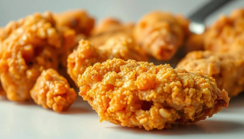 Close-up of crispy fried chicken pieces on a white surface.