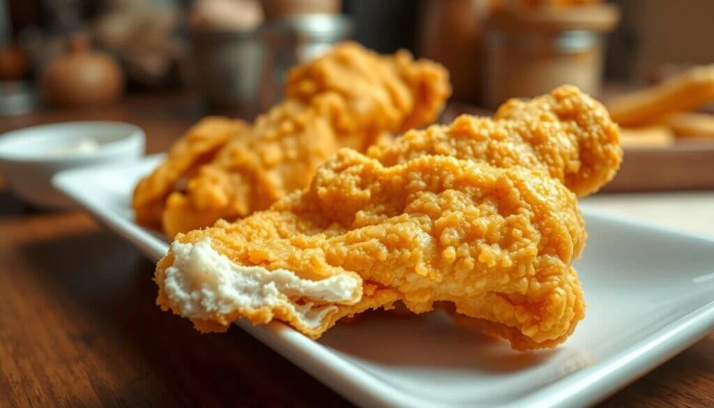 Close-up of crispy fried chicken pieces on a white plate.