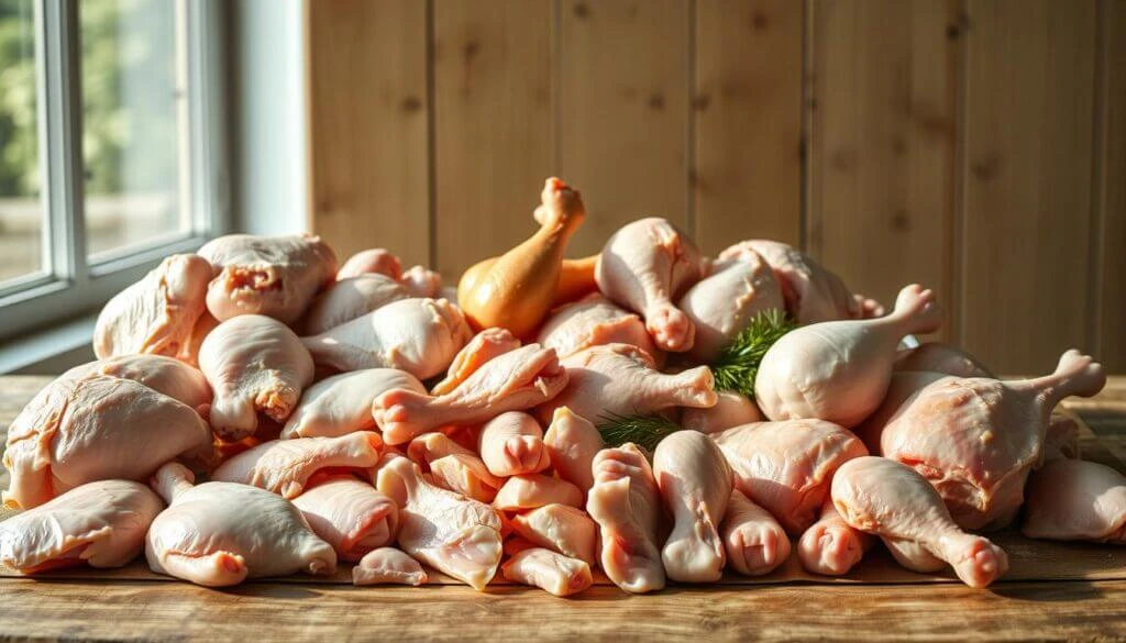 A large pile of raw chicken drumsticks and thighs arranged on a wooden table near a window with natural light streaming in.