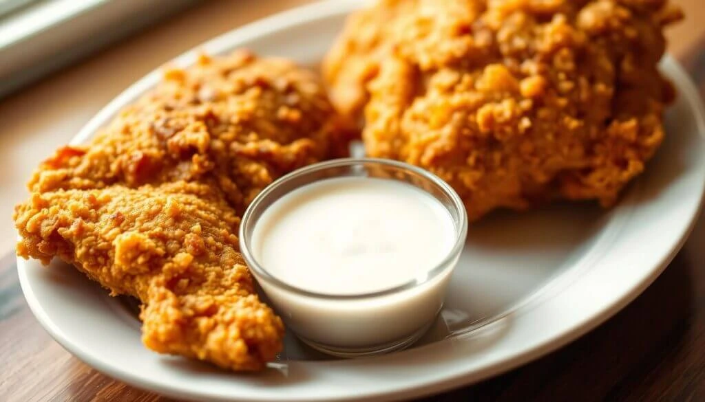 A plate with two pieces of crispy fried chicken and a small bowl of white dipping sauce.