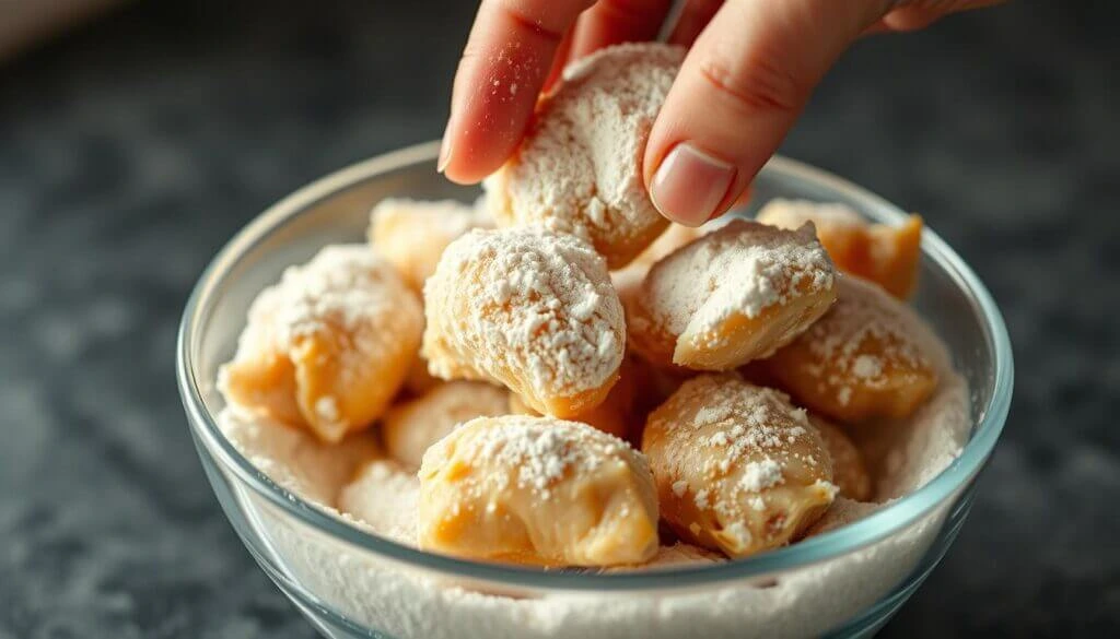 A hand picking up a powdered sugar-coated pastry from a bowl filled with similar pastries.