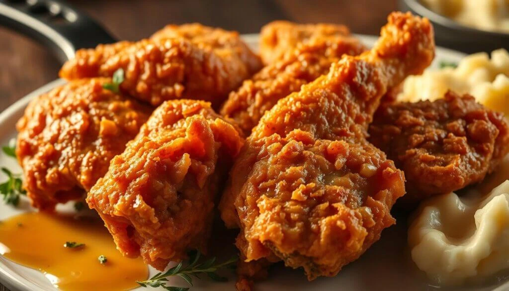 A close-up of a plate of crispy fried chicken pieces with a side of mashed potatoes and gravy.