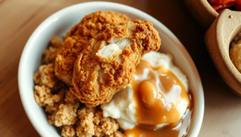 A bowl of fried chicken, mashed potatoes with gravy, and crumbled chicken pieces.