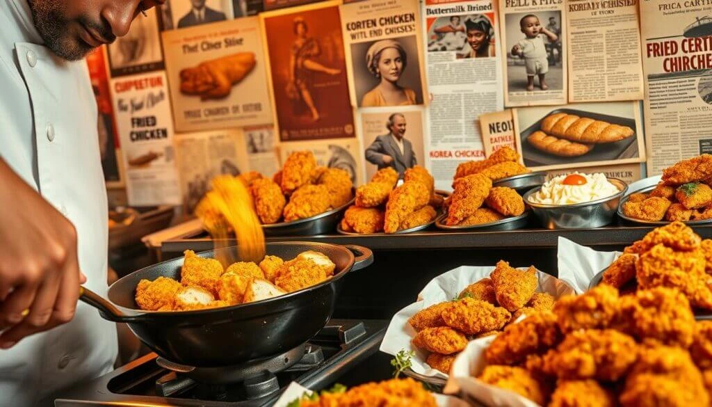 A chef in a white uniform is preparing fried chicken in a kitchen. The background is filled with various posters and advertisements related to fried chicken. Several plates and bowls filled with fried chicken are displayed on the counter.