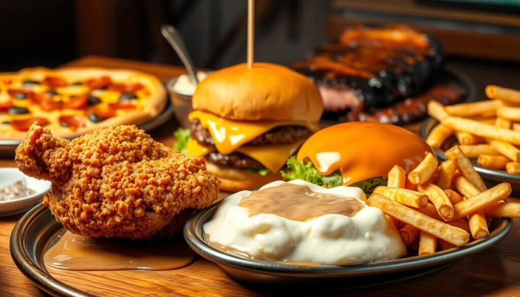 A variety of delicious fast food items including a pepperoni pizza, a cheeseburger, a piece of fried chicken, mashed potatoes with gravy, French fries, and a rack of ribs.