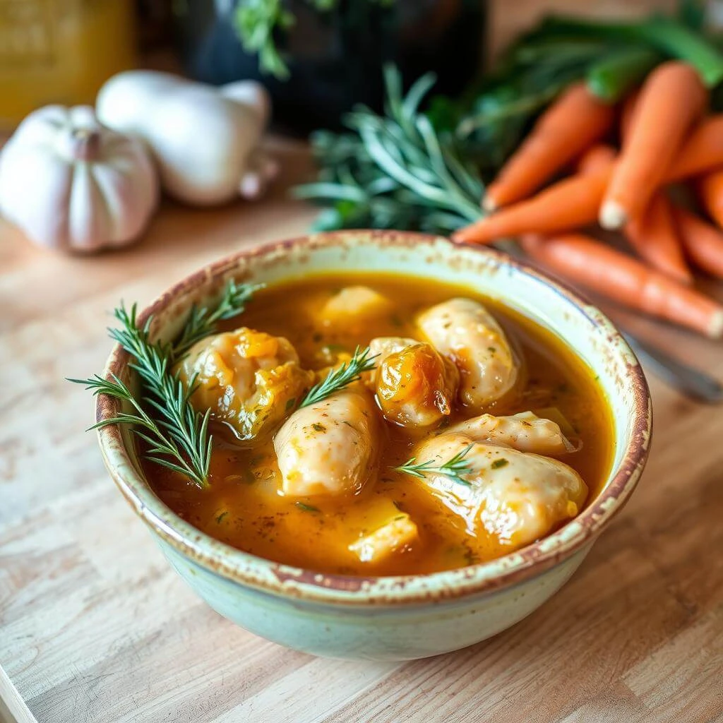 A pot simmering with a rich chicken-based broth and aromatic herbs.