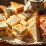 A decorative plate filled with an assortment of tea sandwiches, including square and triangular shapes, with various fillings such as egg salad, cucumber, and ham, set on a wooden table with a teapot and teacup in the background.