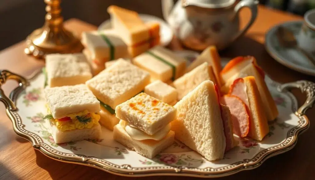 A decorative plate filled with an assortment of tea sandwiches, including square and triangular shapes, with various fillings such as egg salad, cucumber, and ham, set on a wooden table with a teapot and teacup in the background.