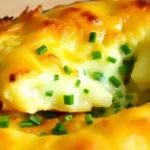 Close-up of a cheesy baked dish topped with chopped chives.