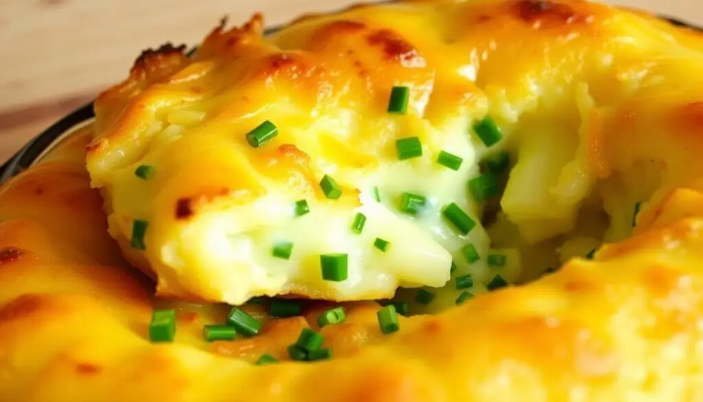 Close-up of a cheesy baked dish topped with chopped chives.