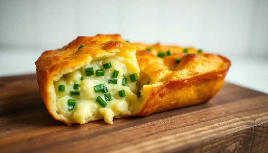 A close-up of a golden-brown pastry filled with creamy mashed potatoes and garnished with chopped green onions, resting on a wooden cutting board.