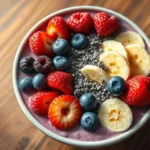 A bowl of smoothie topped with fresh fruits and chia seeds. The fruits include strawberries, raspberries, blueberries, blackberries, and banana slices. The smoothie base is purple in color.