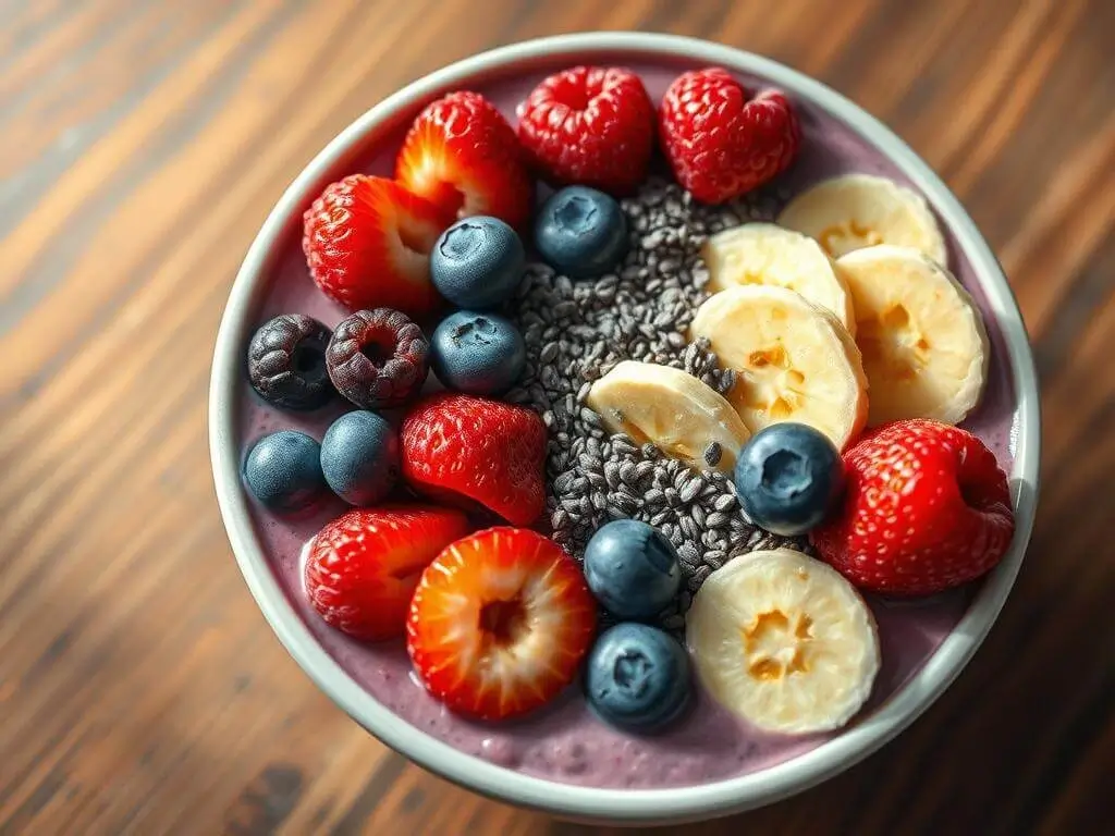 A bowl of smoothie topped with fresh fruits and chia seeds. The fruits include strawberries, raspberries, blueberries, blackberries, and banana slices. The smoothie base is purple in color.