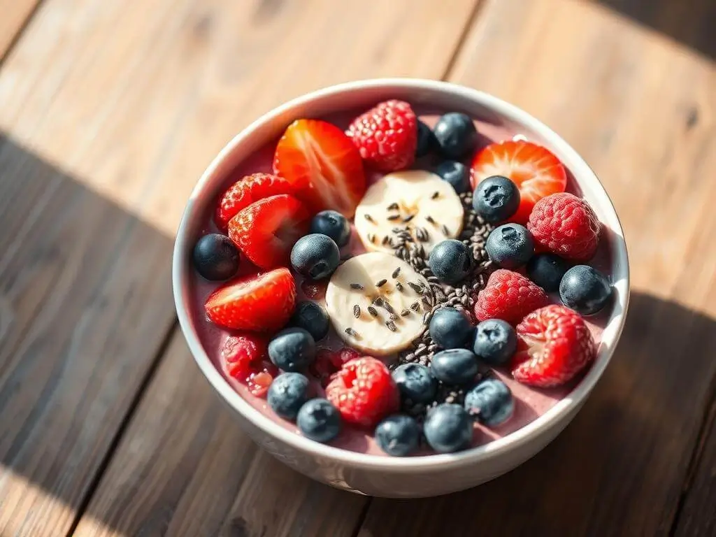 A bowl of smoothie topped with fresh fruits and seeds. The bowl contains sliced bananas, strawberries, raspberries, blueberries, and chia seeds.