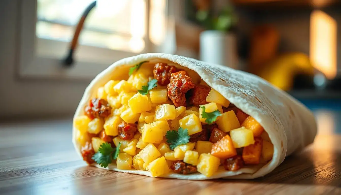 A close-up view of a breakfast burrito filled with diced potatoes, chorizo, and garnished with cilantro, placed on a wooden surface with a blurred kitchen background.