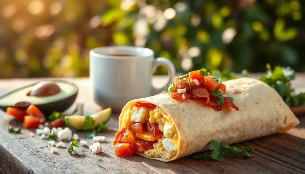 A breakfast burrito filled with scrambled eggs, diced tomatoes, and other vegetables, garnished with cilantro, sits on a wooden table next to a halved avocado and a cup of coffee.