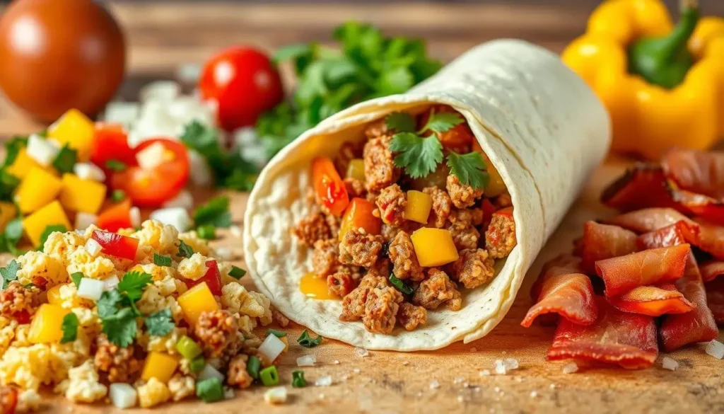 A breakfast burrito filled with scrambled eggs, diced tomatoes, and other vegetables, garnished with cilantro and feta cheese, placed on a wooden table. Beside it, there is a halved avocado, some chopped tomatoes, and a cup of coffee in the background.