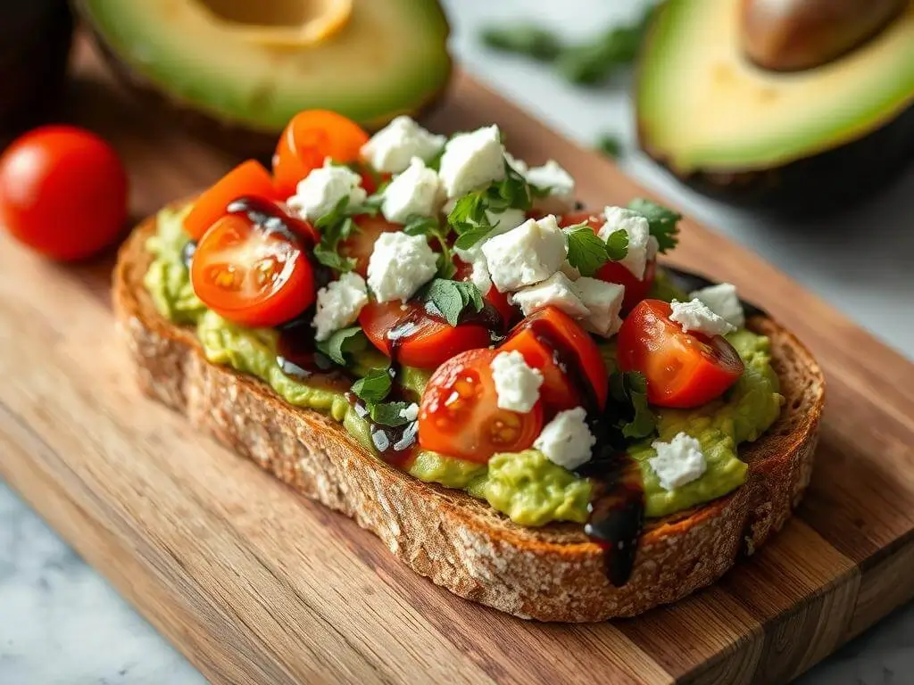 A slice of toasted bread topped with mashed avocado, halved cherry tomatoes, crumbled feta cheese, fresh cilantro, and a drizzle of balsamic glaze. In the background, there are halved avocados and a whole cherry tomato on a wooden cutting board.